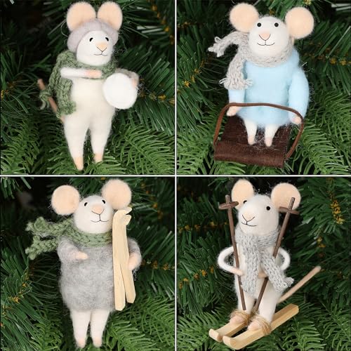 Juegoal Felt Skiing Mouse Ornaments Set of 4 Christmas Decorations