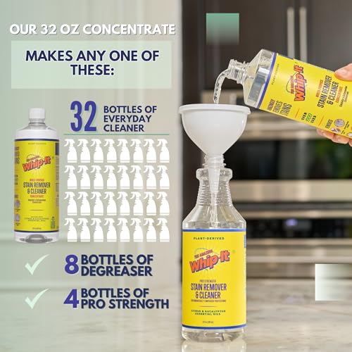 Whip-It Stain Remover Concentrate Kit - 3 Pack of 32oz & 1 Spray, Removes Coffee, Wine, Pet & Baby Stains