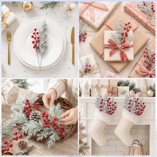 christmas artificial snow pine branches 60 pcs with red berry stems - 11in snowy Norfolk pine for wreaths & arrangements (white red / 60pcs)