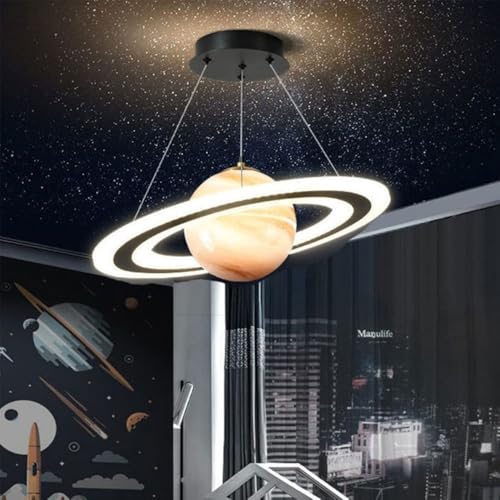 Orange Kid's Planet Glass Pendant Light - Creative Dimmable LED Chandelier for Children's Room