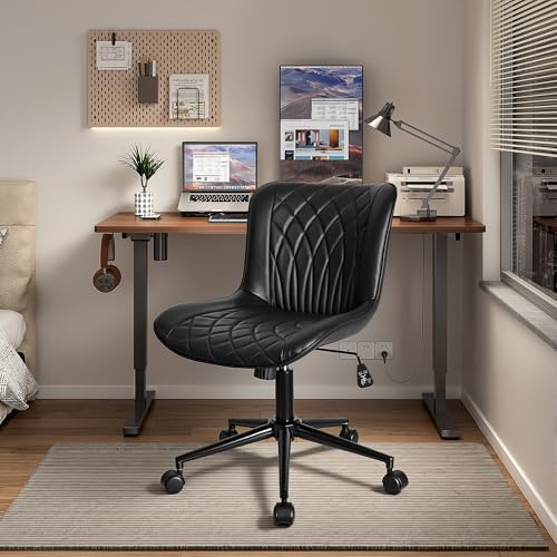 VECELO Adjustable Height Mid-Back PU Leather Office Chair with Wheels, Armless Space-Saving Desk Chair for Home & Vanity, Black