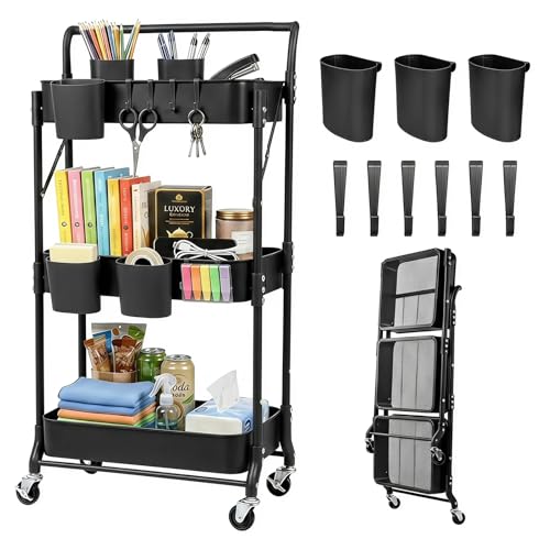 Amatic Black 3-Tier Foldable Rolling Utility Cart with Wheels & Hooks