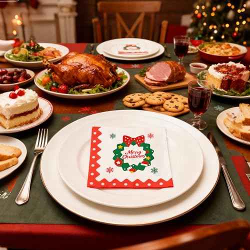 100 Count Christmas Cocktail Beverage Napkins, Disposable Paper Decoupage Xmas Dessert Napkins, Holiday Table Decor Party Supplies, 5¡± x 5¡±