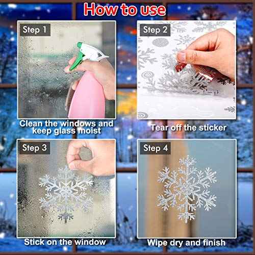 Glitter Snowflake Window Clings Christmas Window Decals for Glass Winter Xmas Navidad Decorations 190 Pcs (Sliver)