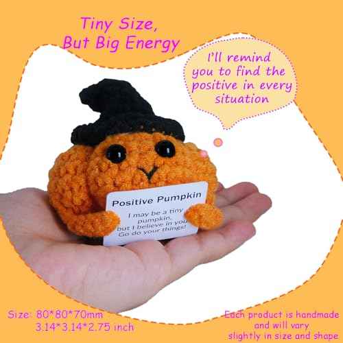 Halloween Positive Pumpkin Emotional Support Crochet Doll Decor Halloween Basket Stuffer for Women Men Funny Handmade Hat Pumpkin Doll Christmas Stocking Stuffers for Girls Boys Party Decoration