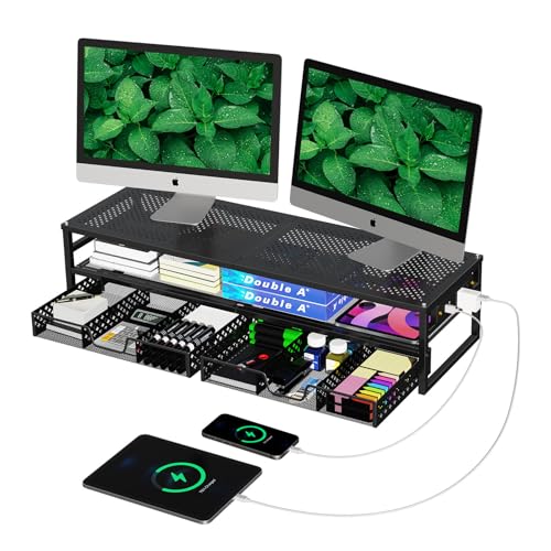 Dual Monitor Stand with USB Ports and Drawer Storage - Black