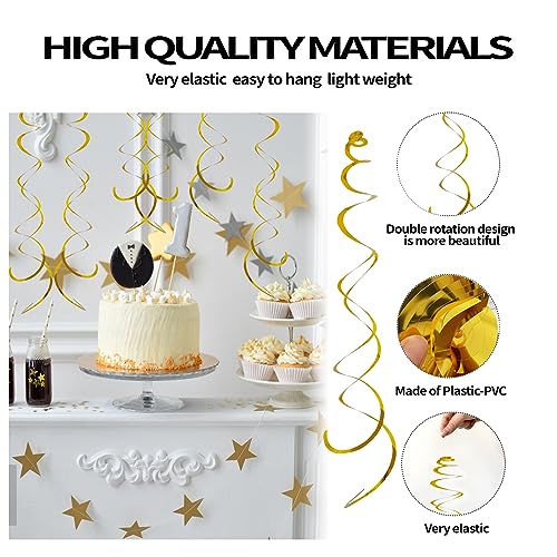 30 Pieces Hanging Swirl Party Decorations Foil Decorations Ceiling Swirl Spiral Hanging Plastic Streamer for Ceiling Birthday Graduation Wedding Celebration Baby Shower Party Supply (Gold)