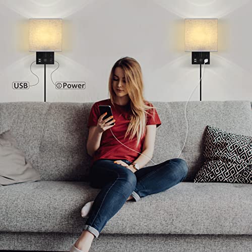 Black CADUKE Bedside Wall Lamp Set of 2 with USB & AC Outlet - Modern Wall Sconces