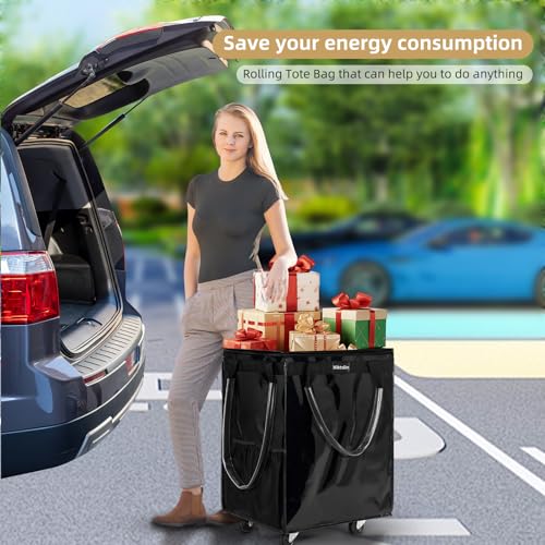 Large Black Reusable Grocery Bag with 5 Wheels Foldable Rolling Tote