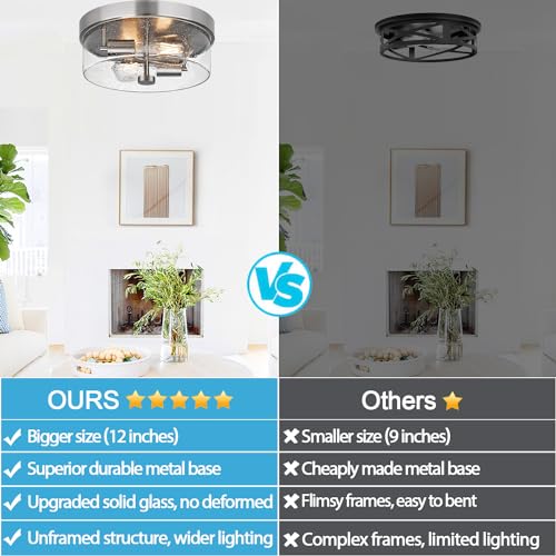 Brushed Nickel 2-Light Flush Mount Ceiling Light Fixture with Seeded Glass Shade for Porch, Hallway, Bathroom, Dining Room, Foyer - SZZGCO