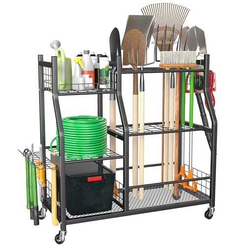 Large Garden Tool Organizer Stand with Wheels, Heavy Duty Steel Storage Rack