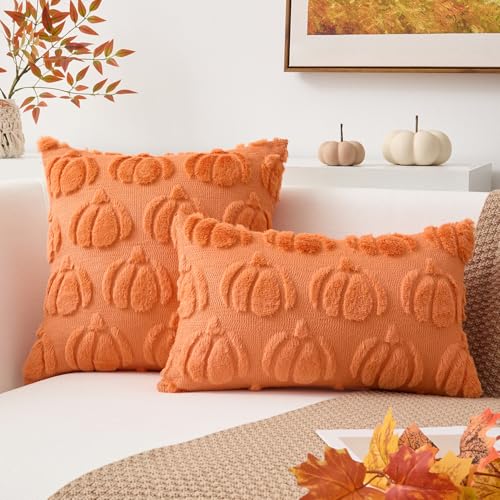 Kevin Textile Fall Pillow Covers 18x18 Inch Set of 2 Soft Pumpkins Decorative Square Pillowcases Plush Autumn Faux Fur Cushions Harvest Gift for Couch Sofa Chair Bedroom Home Decor, Orange