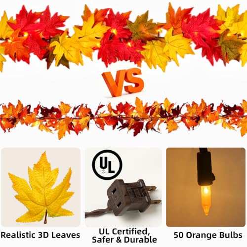 9FT Fall Garland with Lights & Large Maple Leaves - Autumn Decor, Connectable, UL Certified, Indoor & Outdoor Halloween Thanksgiving - Variation of 2