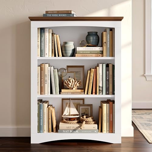 43-Inch Farmhouse Wooden Bookshelf - 3-Tier White Bookcase for Living Room & Office