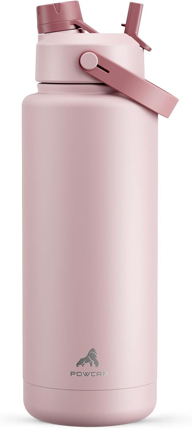 POWCAN 40 oz Insulated Water Bottle - 2-in-1 Straw & Spout Lid, Keeps Drinks Cold 24H | BPA-Free, Leak-Proof, Dried Rose