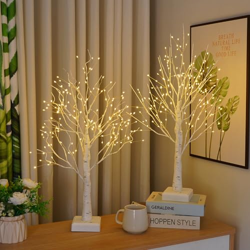 Artificial Birch Tree Lamp 2 Pack with Timer - Warm White LED Light, DIY Branches, 24 Inch
