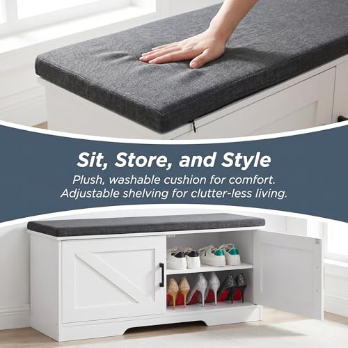 White Farmhouse Shoe Storage Bench with Barn Doors & Padded Seat Cushion – 39.4" Wide