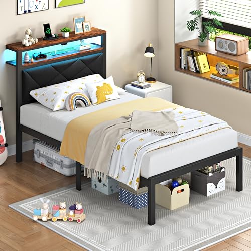 Black Twin Size Bed Frame with RGB LED Lights, 2-Tier Shelf & Charging Station