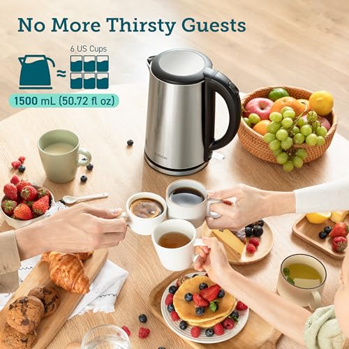 Stainless Steel Electric Kettle 1.5L - Plastic-Free Interior, Double-Wall Design