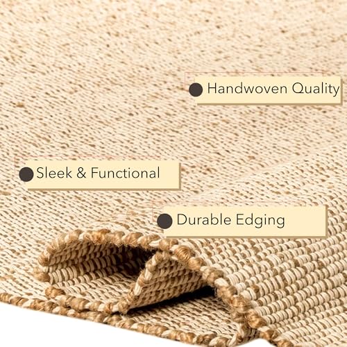 Natural Jute Cotton Hand Woven Area Rug - 5' x 7' Rectangular - Boho Farmhouse Rustic Floor Covering