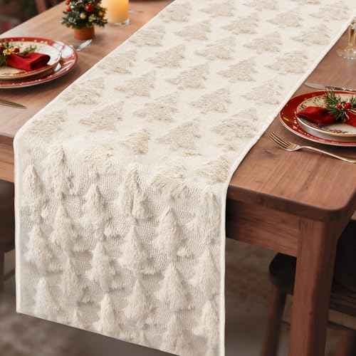 Christmas Table Runner 13x72 Inch, Christmas Trees Table Decorations for Kitchen Dinning, Indoor Outdoor Dinner Party Decor (Beige)