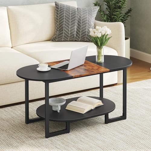 Oval Rustic Brown and Black Coffee Table with 2-Tier Storage - Wooden Center Table