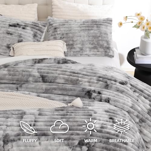 King Size Fluffy Comforter Set - Tie-Dye Grey Fleece Bedding 3 Pieces