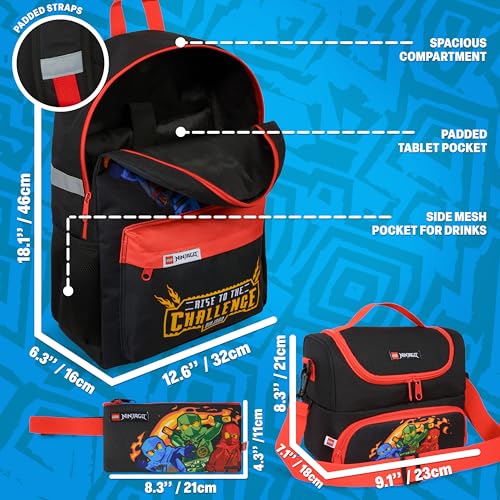 Ninjago Boys Backpack Set with Lunch Bag & Pencil Case - Red & Black, 3 Pieces