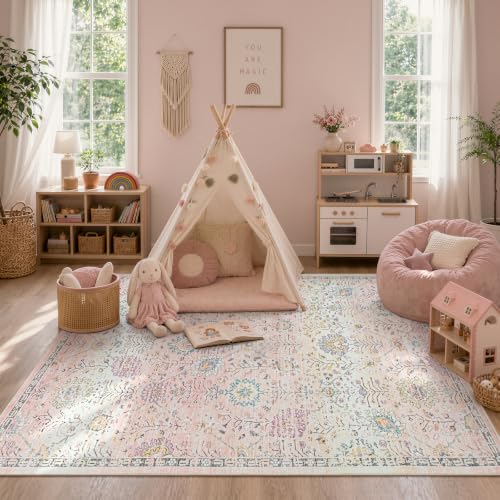 Pink Floral Rug for Girls Bedroom 5x7 - Soft Washable Dorm Carpet with Non-Slip Backing, Light Pink Variation