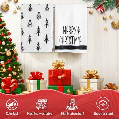 Christmas Kitchen Towels Set of 2, 18x26 Inch White Dish Towels with Black Xmas Tree, Perfect Black Christmas Decor and Gifts, Absorbent Microfiber, Durable & Machine Washable