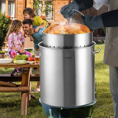 VEVOR 63.9 Quart Stainless Steel Stockpot with Basket & Lid - Large Capacity Commercial Cookware