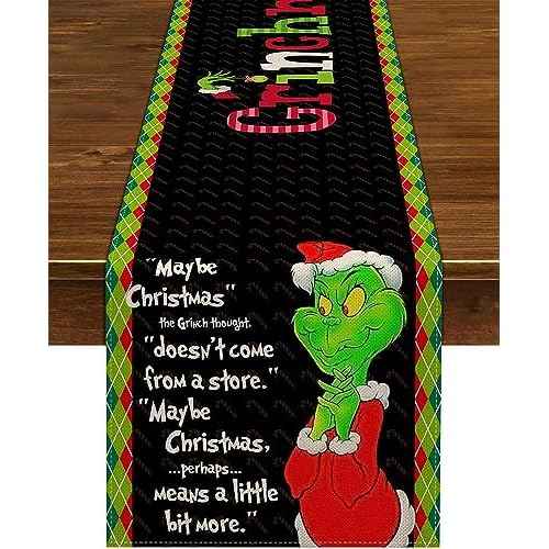 Nepnuser Merry Christmas Table Runner Green Elf Winter Holiday Birthday Party Decor Xmas Home Kitchen Dining Room Indoor Decoration (Black, 13" x 108")