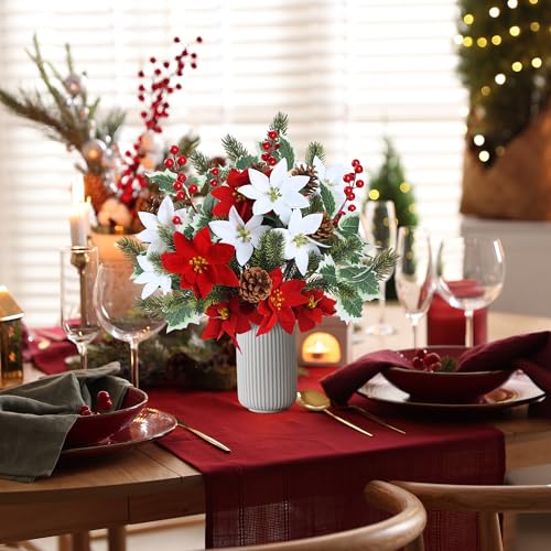 Christmas Artificial Flower Bouquets 14'' Poinsettia Holly Pinecones Red & White