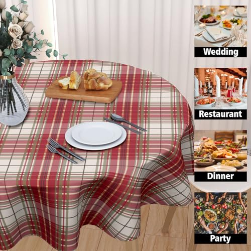 Ancordivo Xmas Plaid Round Tablecloth 60 Inch Red Green Holiday Checkered Dining Cover