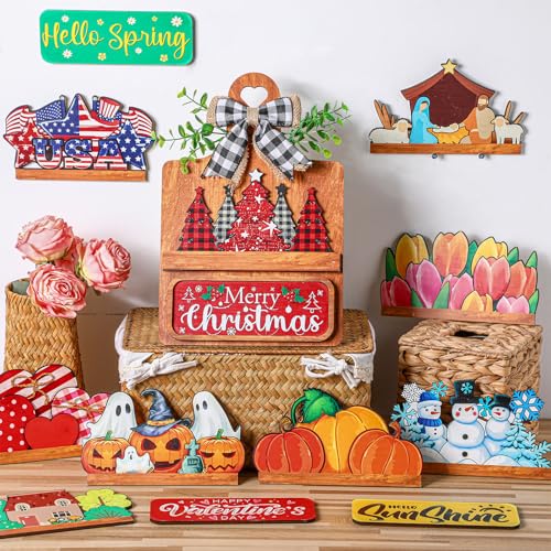GlikCeil Seasonal Interchangeable Farmhouse Breadboard Set with Signs & Bows