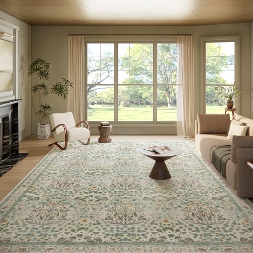 Beige 9x12 Washable Area Rug - Vintage Floral Low Pile Non Slip Carpet for Living Room & Bedroom