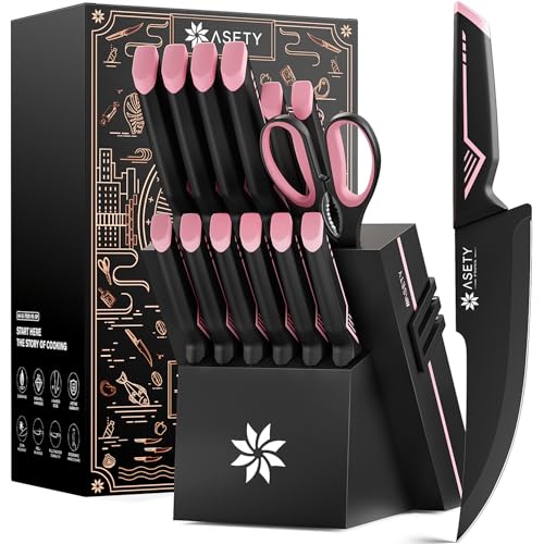 ASETY Soft Pink 15-Piece Kitchen Knife Set with Block & Sharpener