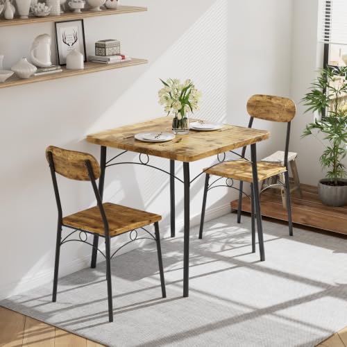 VECELO Rustic Brown 3-Piece Dining Set for 2, Space-Saving Kitchen Table & Chairs