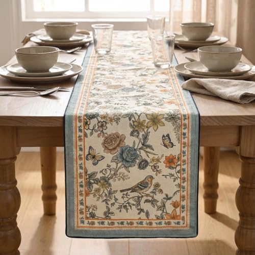 Artoid Mode Beige Floral Bird Rustic Vintage Table Runner 13x72 Inch for Dining