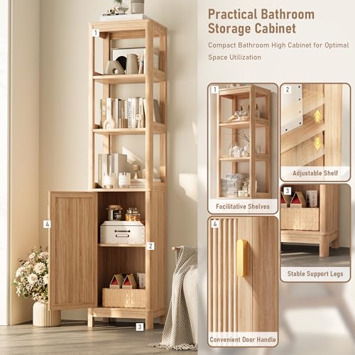 INNOD Model-A 68-Inch Narrow Bathroom & Kitchen Tall Storage Cabinet with Adjustable Shelves, Natural Oak Finish