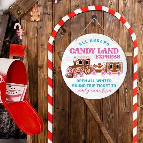 Muktoujaumai Christmas Sign Decor, Christmas Bakery Round Hanging Sign Decor Gingerbread Xmas Holiday Wall Decorations Winter Wood Sign for Kitchen, Door, Home, Candy Land Express