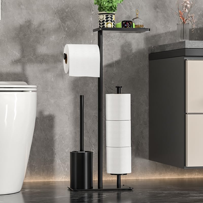 Skiennix Modern Bathroom Toilet Paper Stand - Black Metal Holder with Storage Shelf for 3 Mega Rolls | 24x12x60 Inches