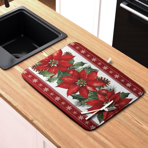 Christmas Poinsettia Dish Drying Mat for Kitchen Counter 18x24 Inch – Kwlegh