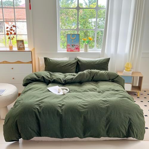 PinkMemory Green Striped Duvet Cover Set Queen Full 3pcs Olive Green Cotton