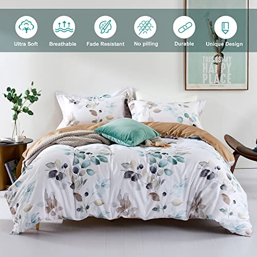 Queen Duvet Cover Set with Floral Green Leaves - White Brown Variation - 3pcs