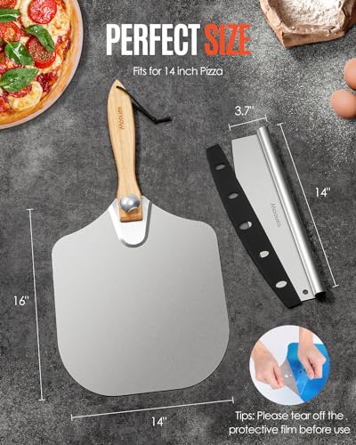 14x16 Inch Aluminum Pizza Peel with Rocker Cutter & Storage Bag