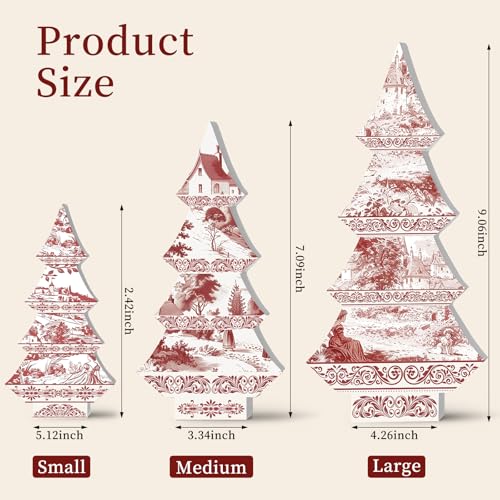 3-Piece Red Toile de Jouy Wood Christmas Trees Set