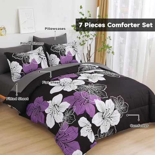 Luxudecor Queen Size Purple & Black Floral Comforter Set - 7 Pieces Bed in a Bag