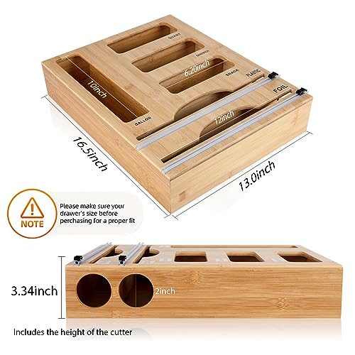 Kitchen Food Wrap & Bag Storage Organizer with Cutter, Bamboo 6-in-1