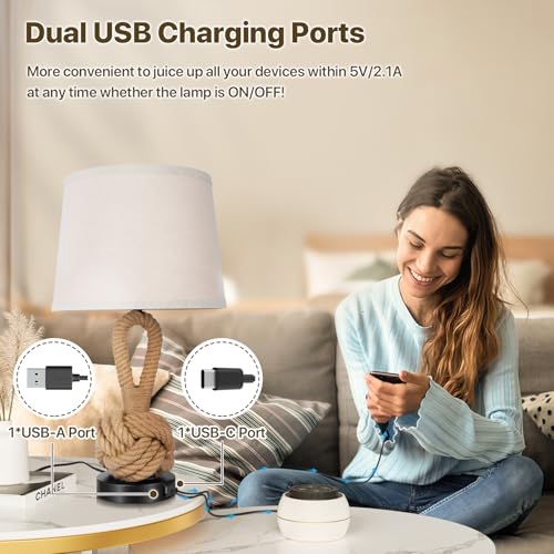 2-Pack 22-Inch Hemp Rope Bedside Lamps with USB Ports, 3-Color Temperatures, Rattan Nightstand Lights